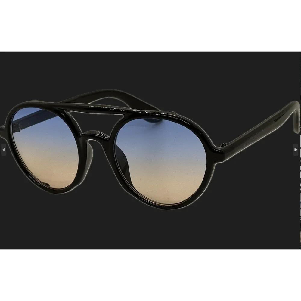 Round Sunglasses Blue Gradient Lens Black Frame Mens Fashion Trendy Lentes Gafas